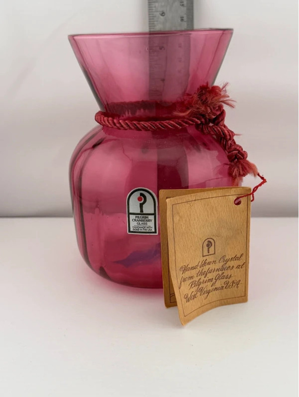 Vintage Pilgrim Cranberry Glass Optic Ribbed Sack Vase Original Tag & Label